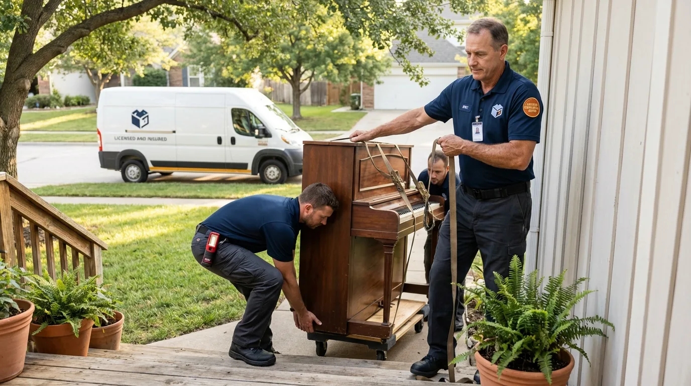 Licensed piano movers securing grand piano in Mauston, WI
