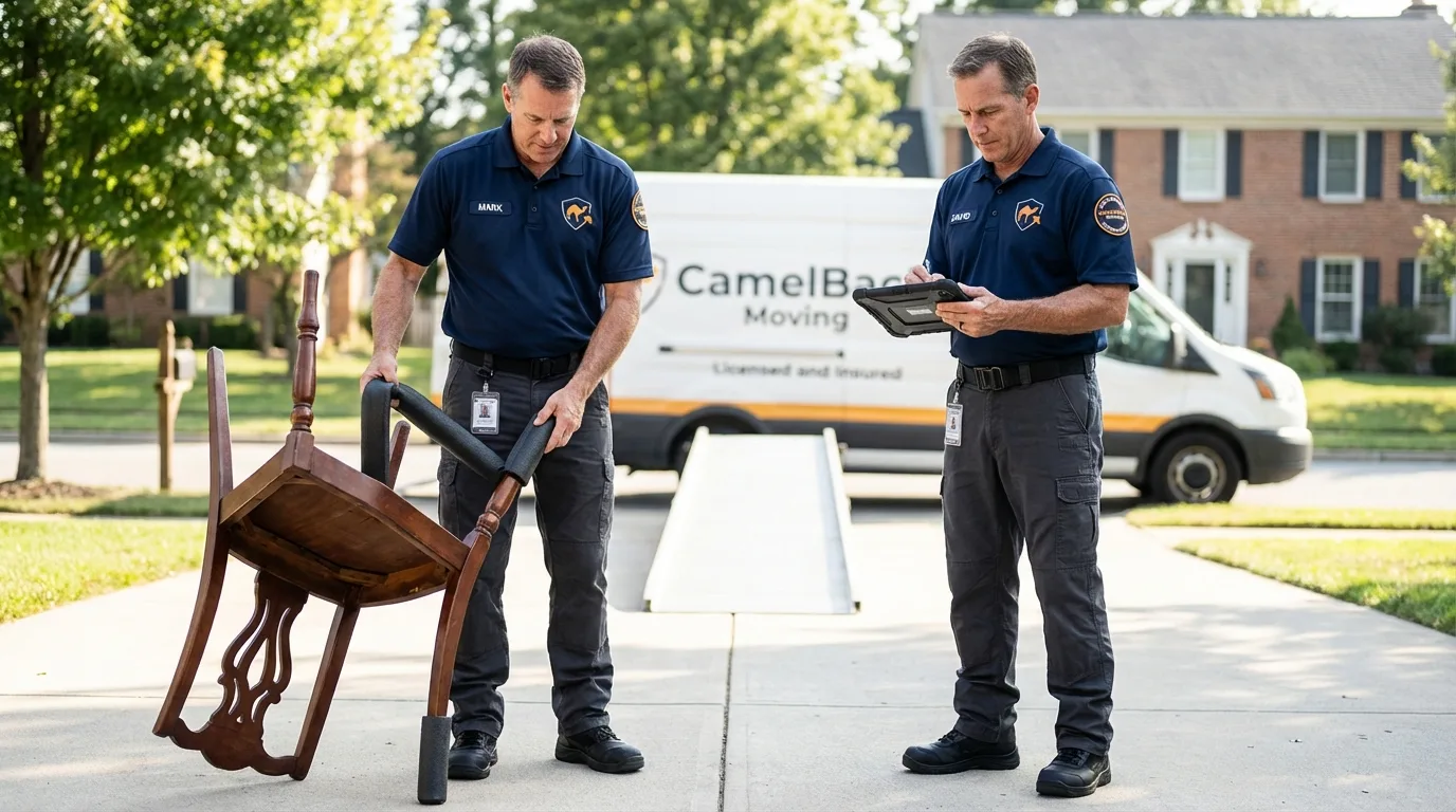 Movers inspecting furniture for damage prevention before loading in Mauston, WI