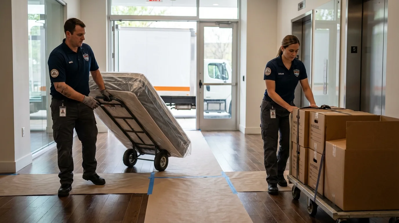 Professional apartment movers loading elevator in Mauston, WI